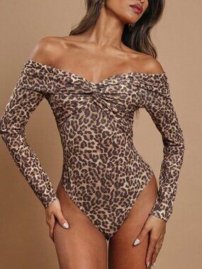 Multicolor Casual Women's Off-Shoulder Long Sleeve Twist Leopard Print Bodysuit